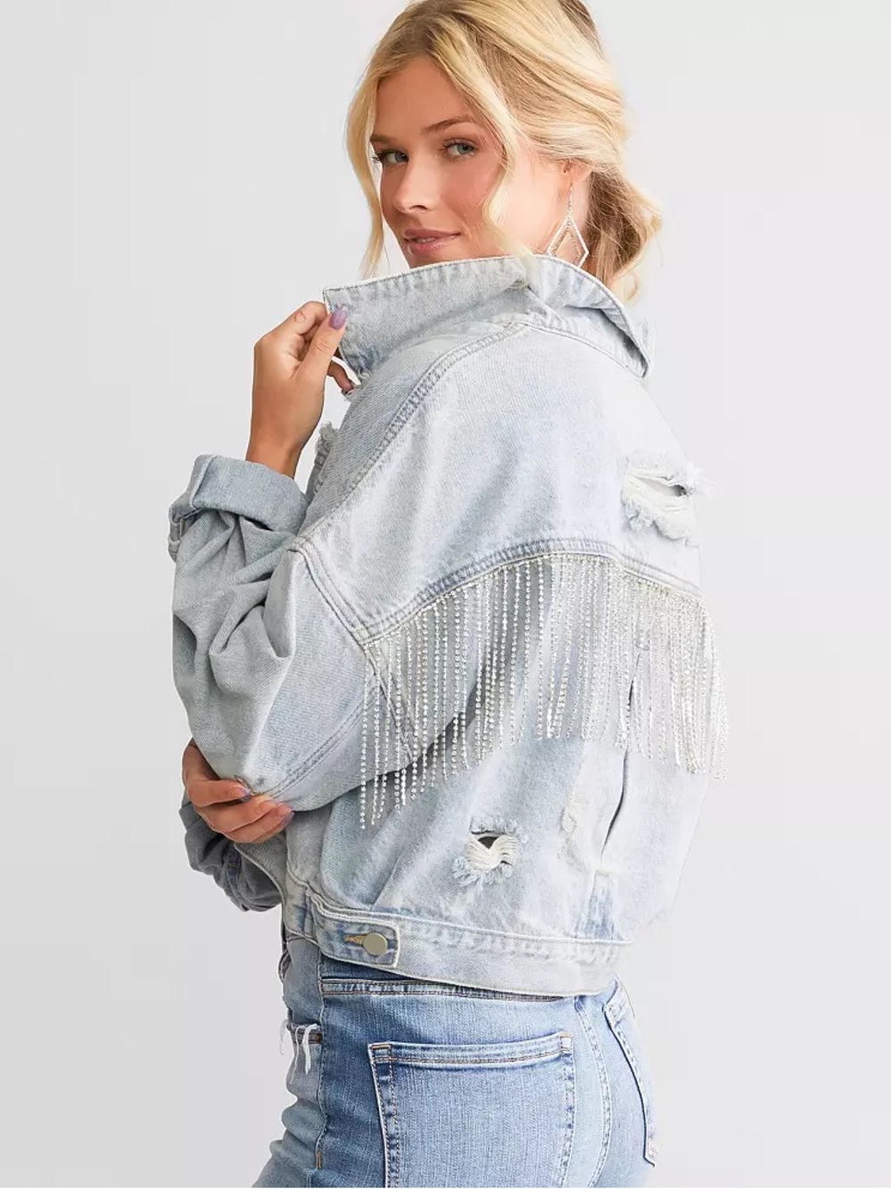 Blue B rhinestone fringe denim jacket